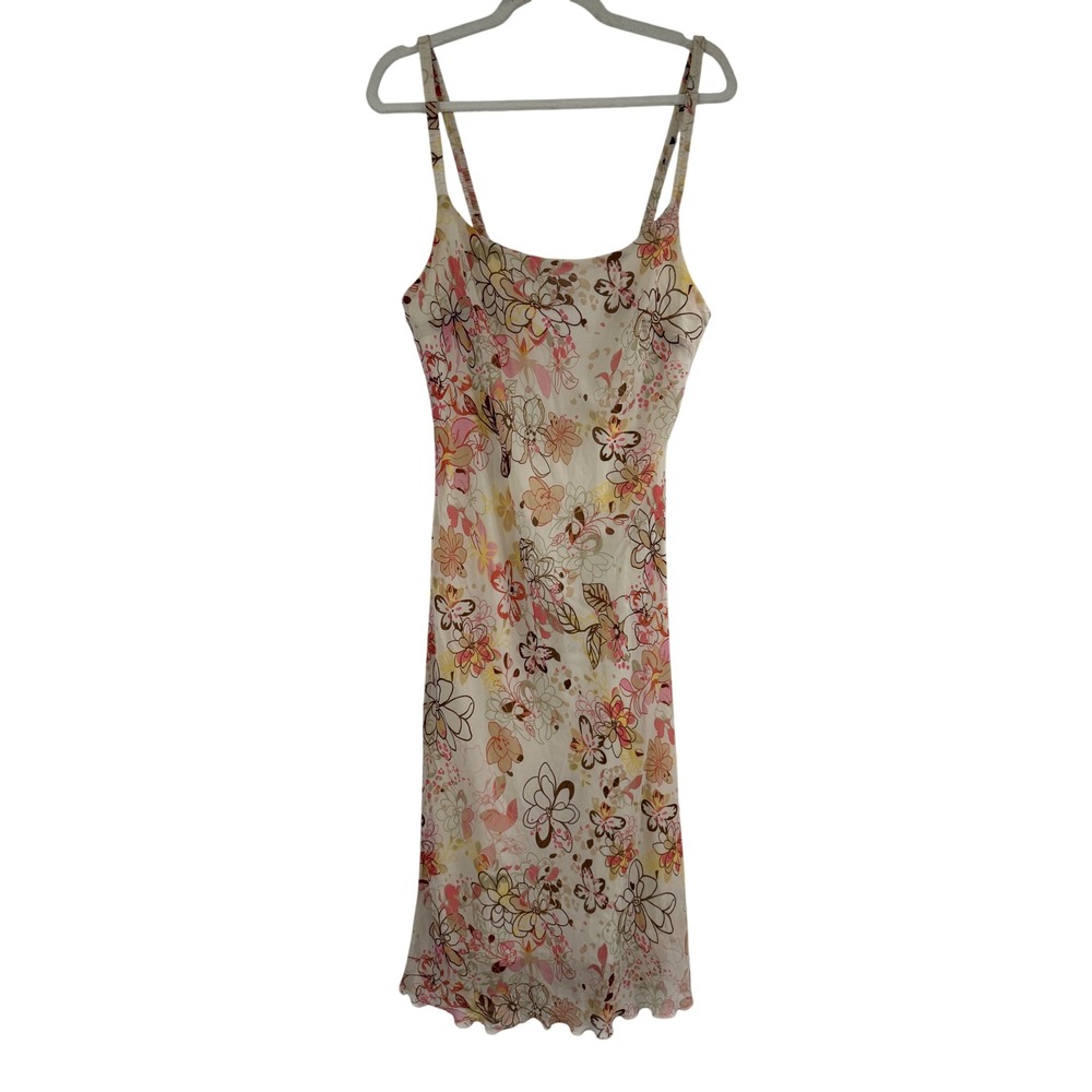 R&K Floral Midi Dress Size 10 Cream Pink Y2K Spaghetti Strap Lettuce Hem